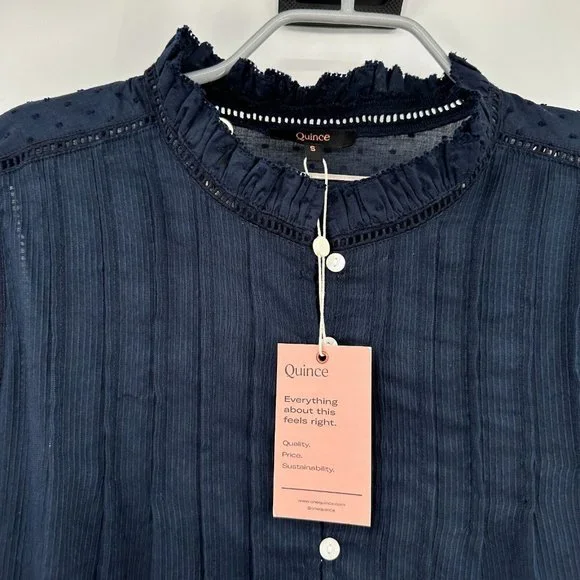 Quince Women's Textured Cotton Peasant Blouse sz S Small Navy Blue NWT Boho Top - Picture 2 of 8